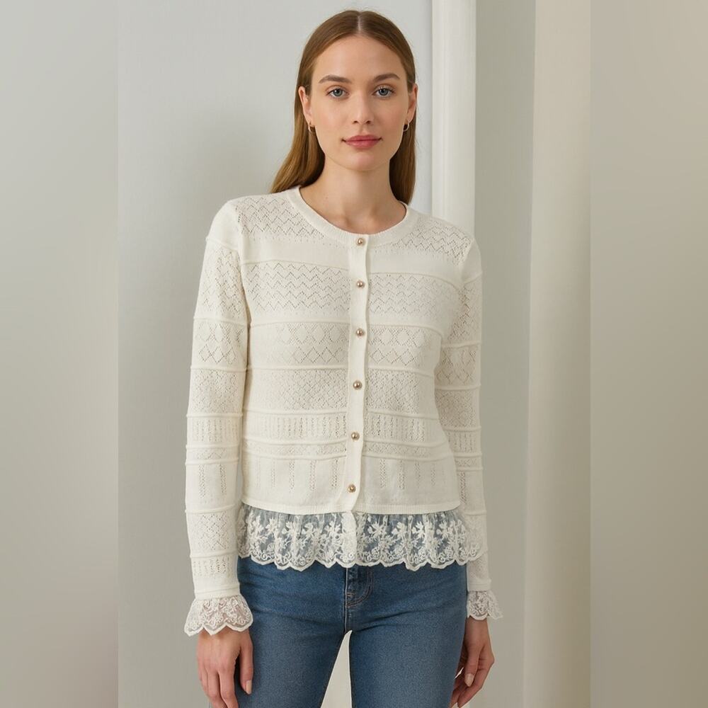 Emerson Lang White Knit Cardigan with Lace Trim